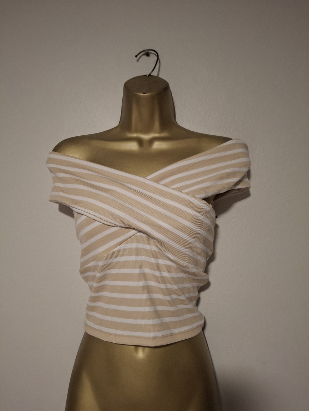 Women's Off-Shoulder Striped Wrap Top in Beige and White